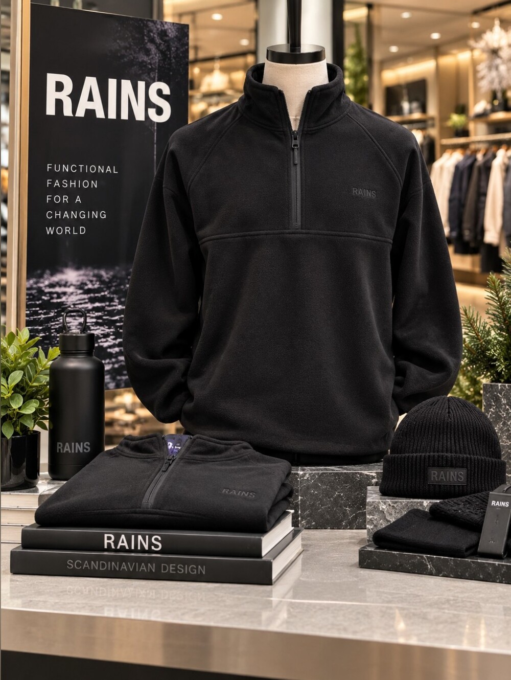 RAINS Addis Fleece Half Zip GQ Black Unisex NWT $105